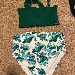 Green Smocked Maternity Bikini Top with Tropical Leaf High-Waist Bottoms